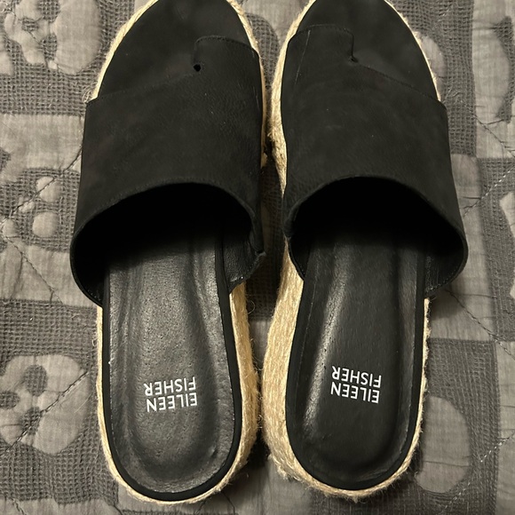 Eileen Fisher Black Suede Espadrille Slide Sandals - Picture 2 of 6